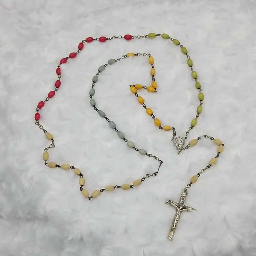 Vintage Red, Yellow, Green, Blue & Natural Wood Beaded Rosary